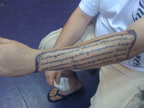 Scroll And Poem Tattoo On Left Arm Sleeve