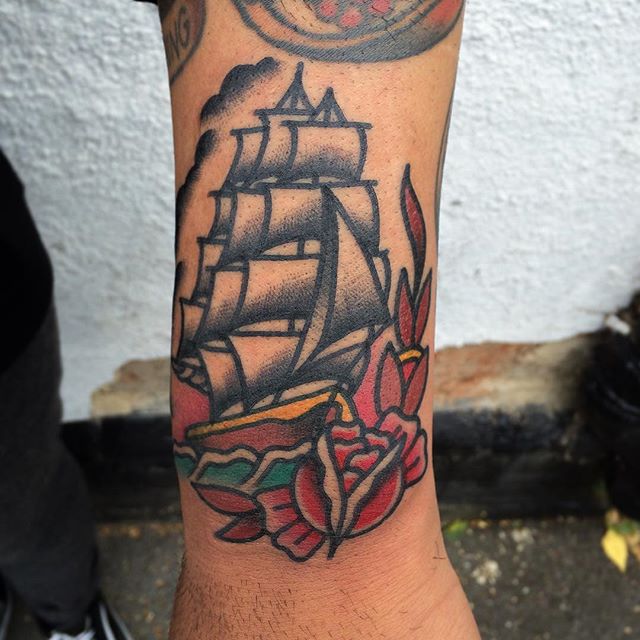 Sea Ship Old School Tattoo On Arm Sleeve
