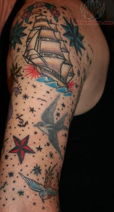 Seaship With Swallows Old School Tattoo On Right Half Sleeve