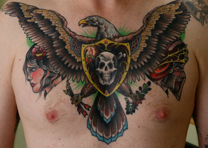 Shield With Old School Eagle Tattoo On Chest For Men