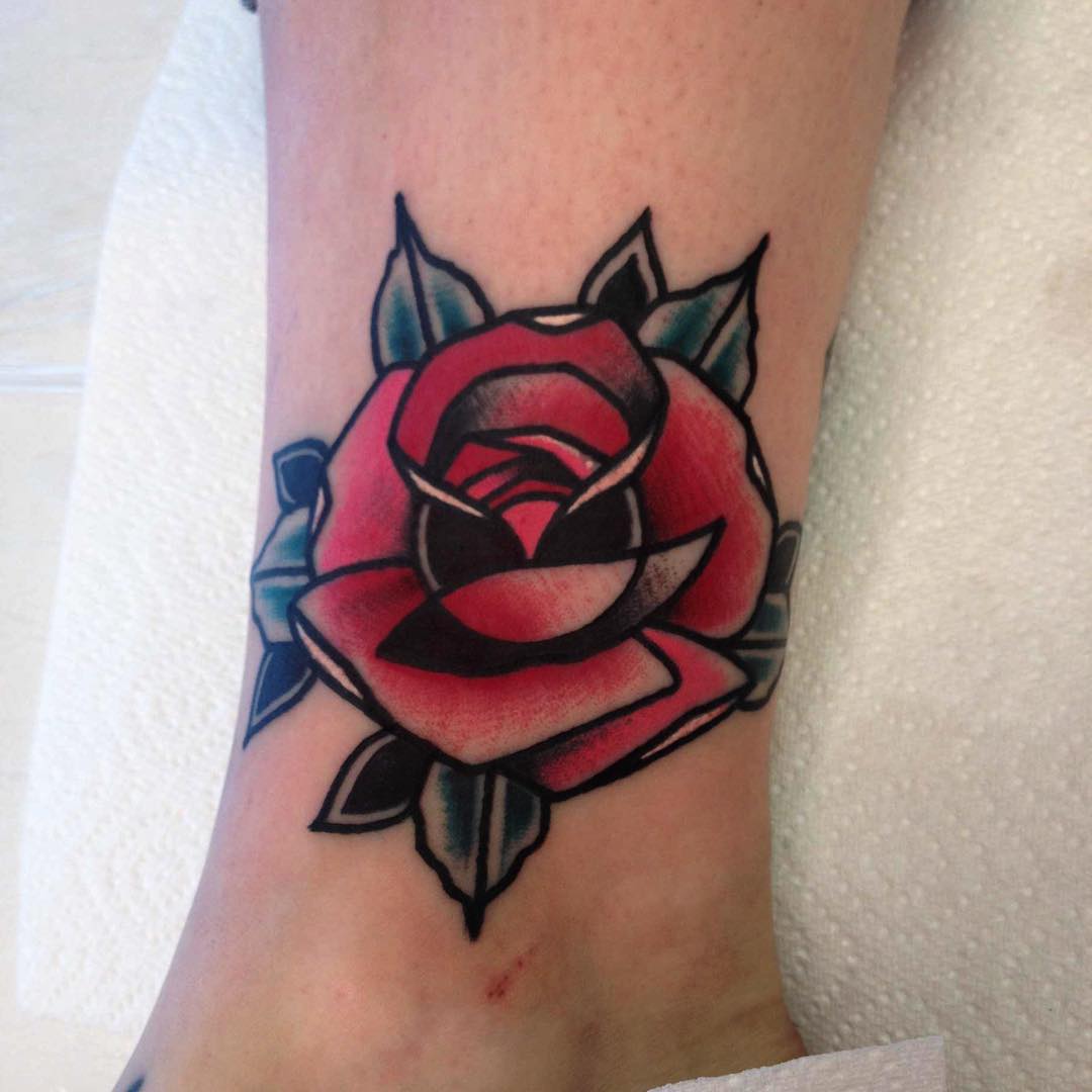Simple Old School Rose Tattoo On Ankle