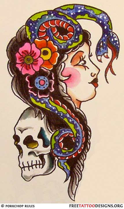 Simple Snake Women With Skull Old School Tattoo Design