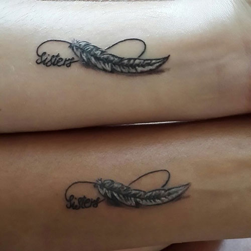 Sisters Infinity Feather Matching Tattoos On Wrists