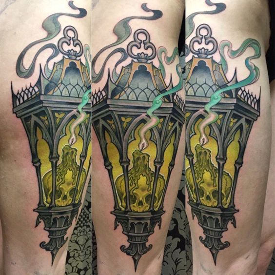 Skull Candle Lantern Tattoo On Right Thigh
