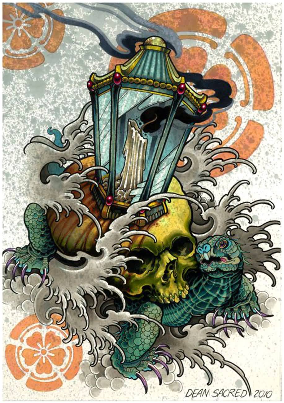 SkullShell Tortoise With Lantern Tattoo Design