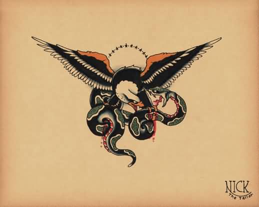 Small Eagle With Snake Old School Tattoo Design