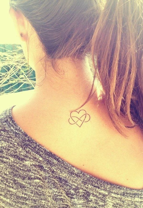 Small Heart And Infinity Symbol Tattoo On Nape For Girls