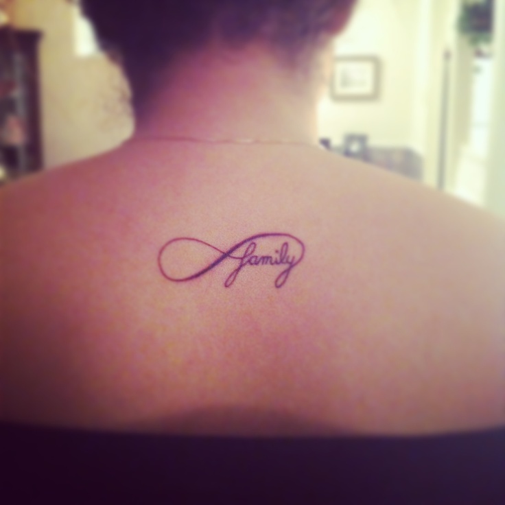 Small Infinity Family Tattoo On Upper Back
