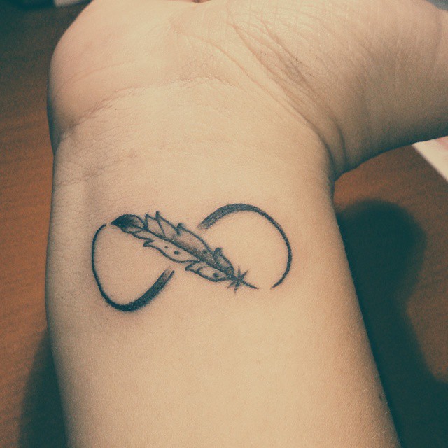 Small Infinity Feather Symbol Tattoo On Wrist