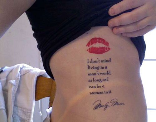 Small Marilyn Monroe Quote With Lipstick Mark Tattoo On Side Rib