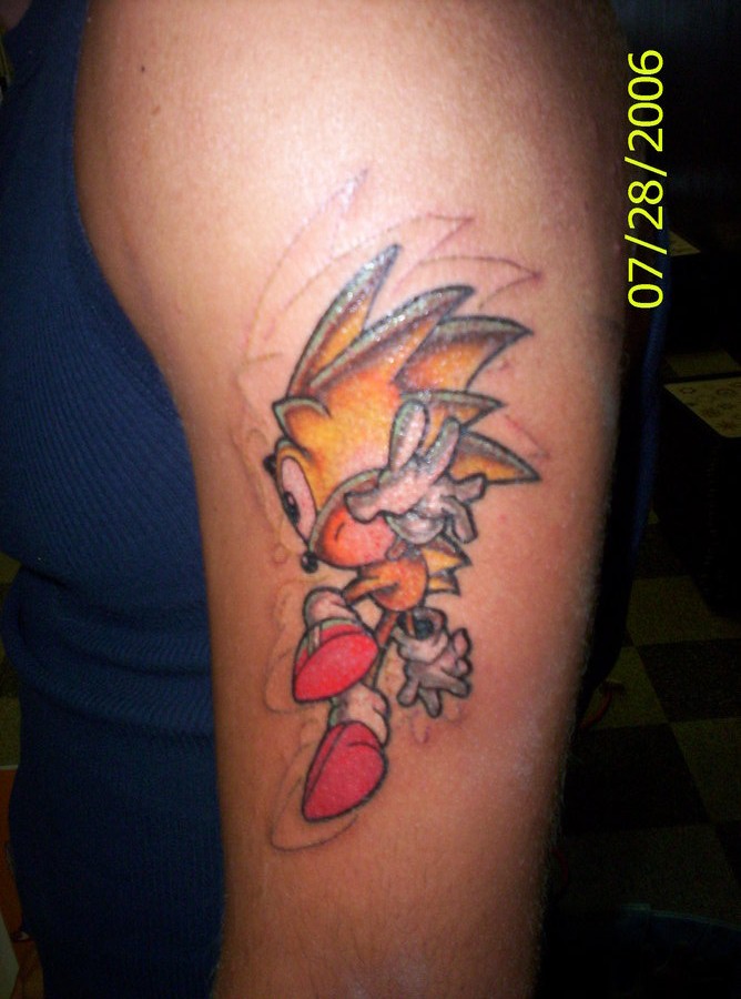 Small Super Sonic Tattoo On Left Half Sleeve