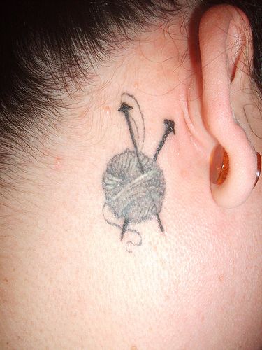 Small Yarn Knitting Tattoo On Behind Ear