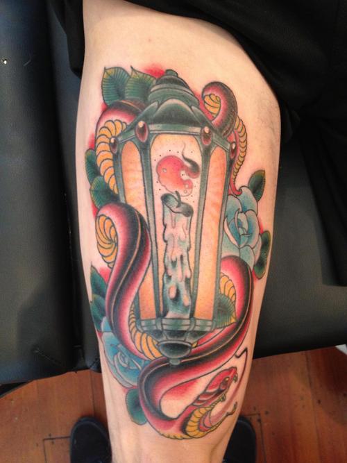 Snake Around Lantern Tattoo On Back Leg By Graeme