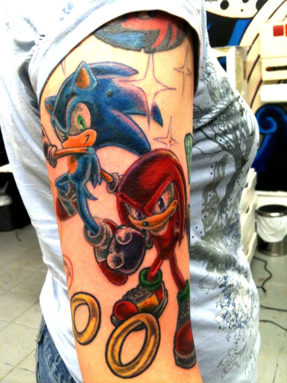 Sonic And Knuckles With Rings Tattoo On Right Half Sleeve