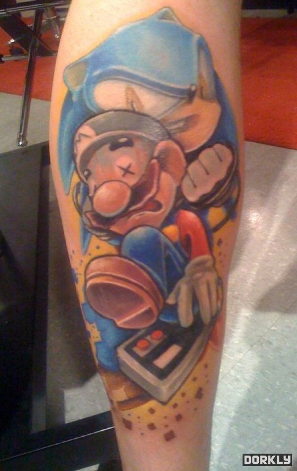 Sonic Vs Mario Tattoo On Sleeve