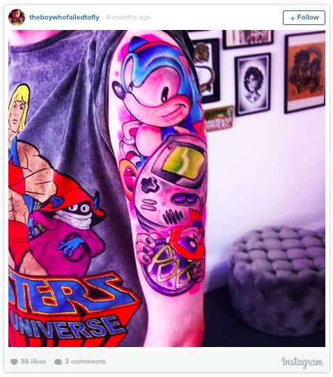 Sonic With Game Controller Tattoo On Left Half Sleeve