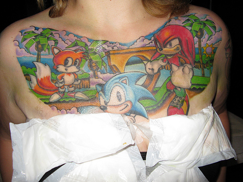 Sonic With Knuckles And Tails Tattoo On Chest For Women