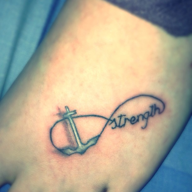 Strength Infinity Symbol And Anchor Tattoo On Foot