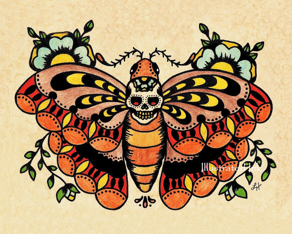 Sugar Skull Butterfly Old School Tattoo Design