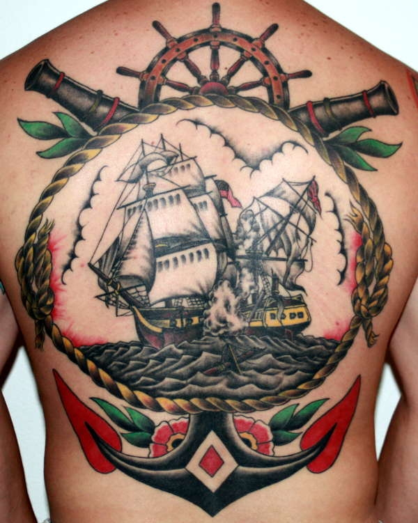 Superb Seaship Logo Old School Tattoo On Full Back