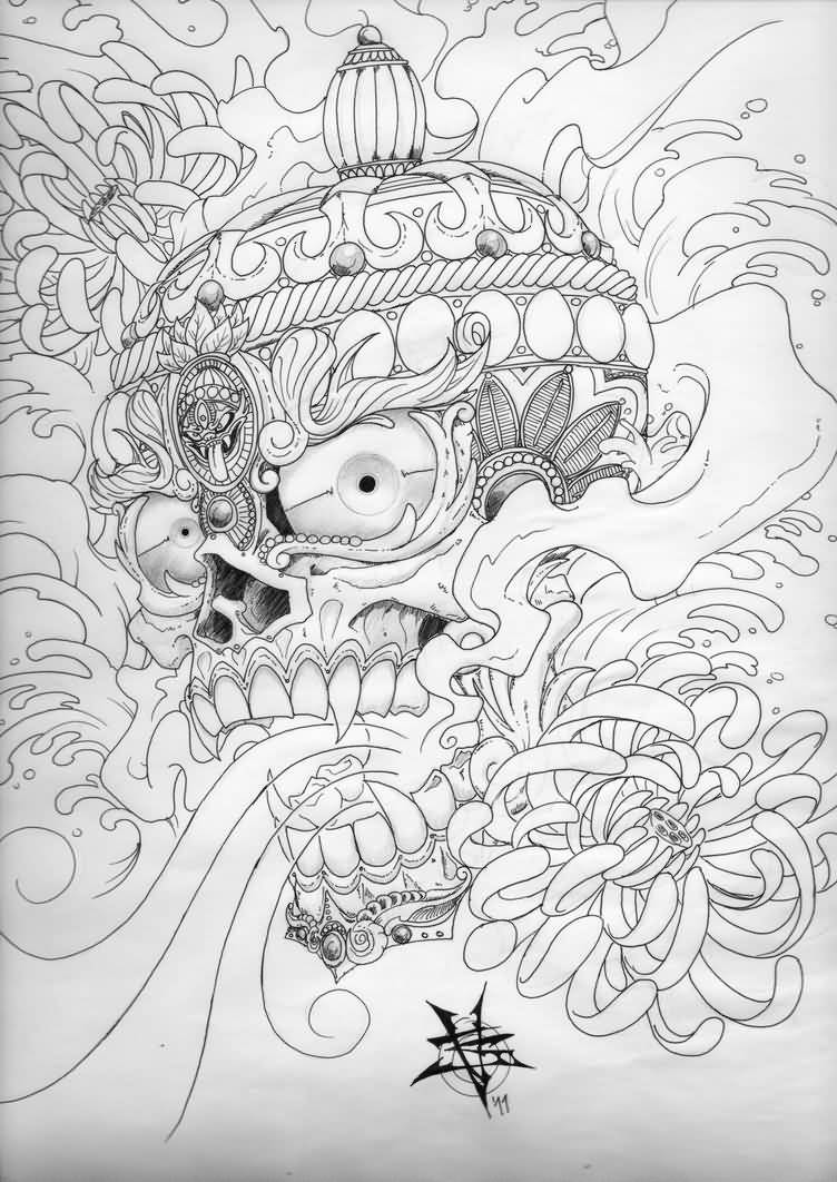 Superb Tibetan Skull With Water Splash Tattoo Drawing By TravTheMad
