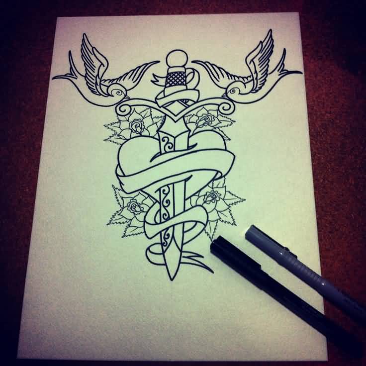 Swallows And Dagger In Heart Old School Tattoo Sketch