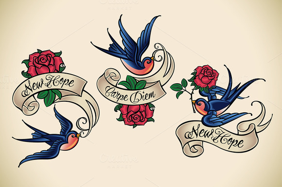 Swallows And Roses Old School Tattoo Design