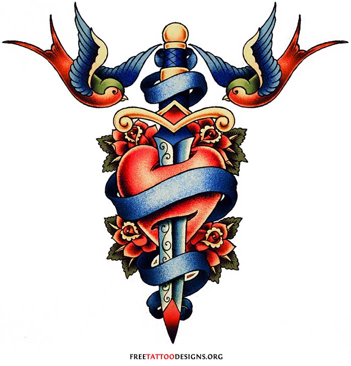 Swallows Dagger In Heart Old School Tattoo Design