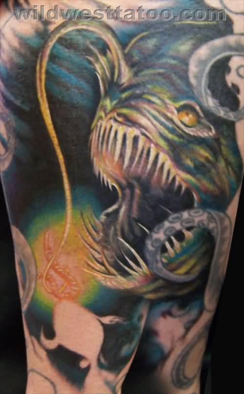Terrific Angler Fish With Octopus Tattoo