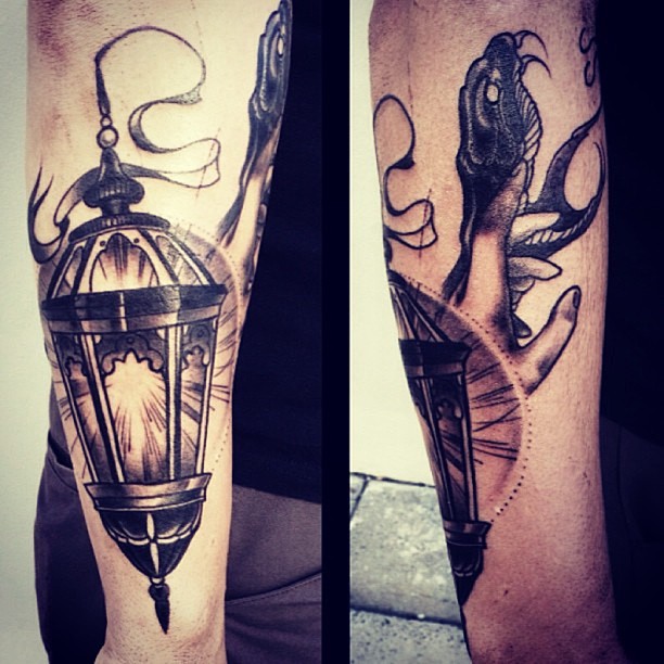 Terrific Lantern And Snake Tattoo On Arm Sleeve By Pari Corbitt