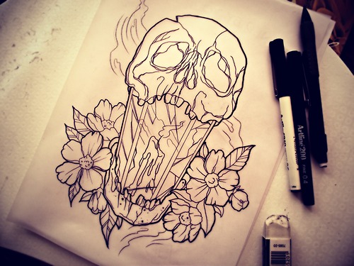 Terrific Skull Lantern Tattoo Drawing