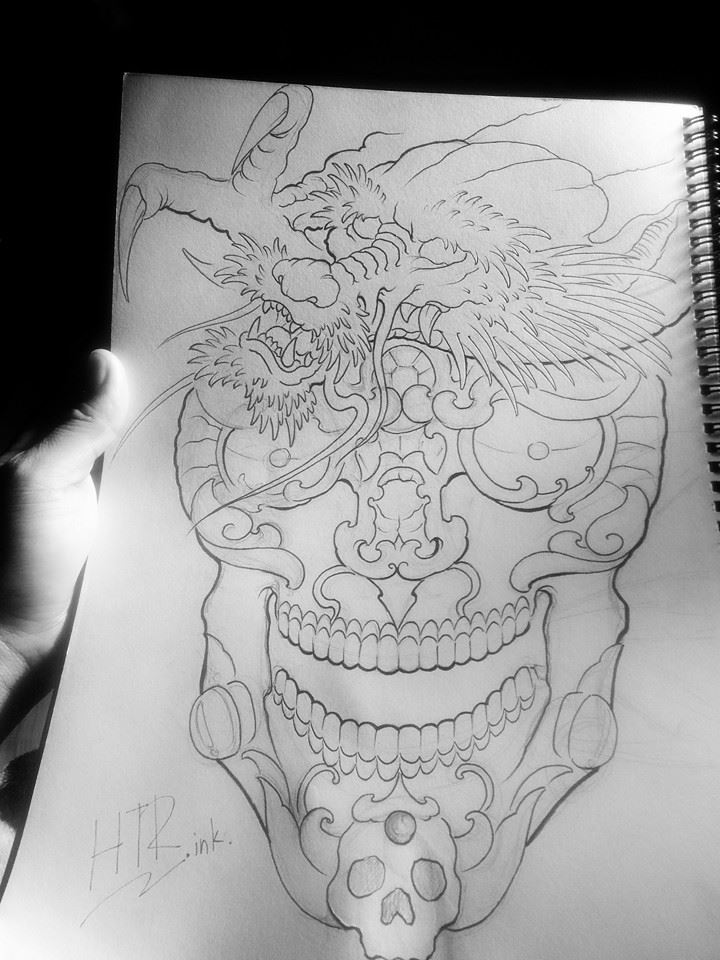 Terrific Tibetan Skull And Dragon Tattoo Drawing By Huttori