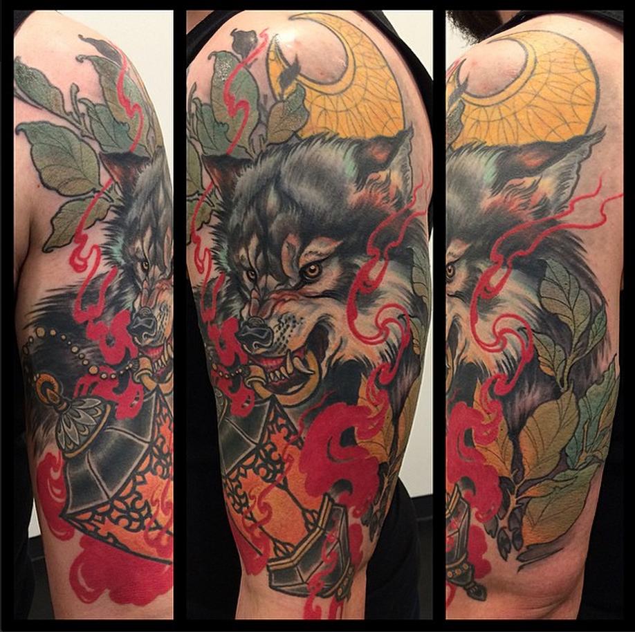 Terrific Wolf And Lantern Tattoo On Left Half Sleeve By Teniele Sadd