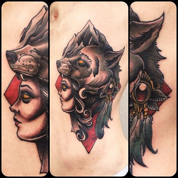 Terrific Wolf Lady Old School Tatto Design By Daniel Formentin