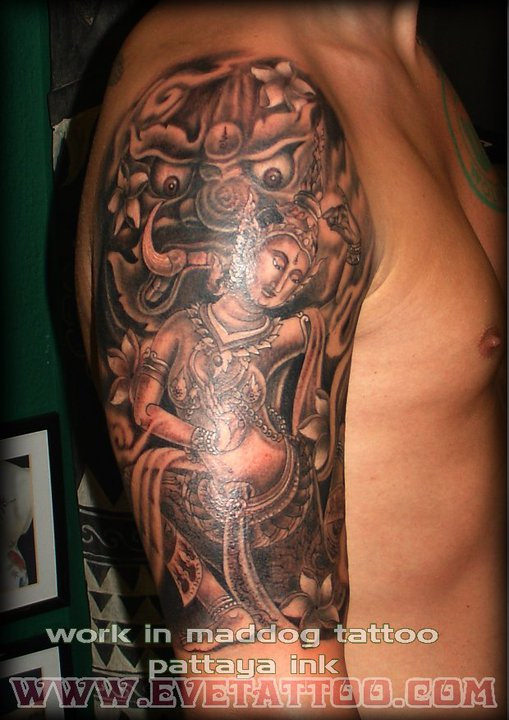 Thai Goddess With Dragon Tattoo On Right Half Sleeve