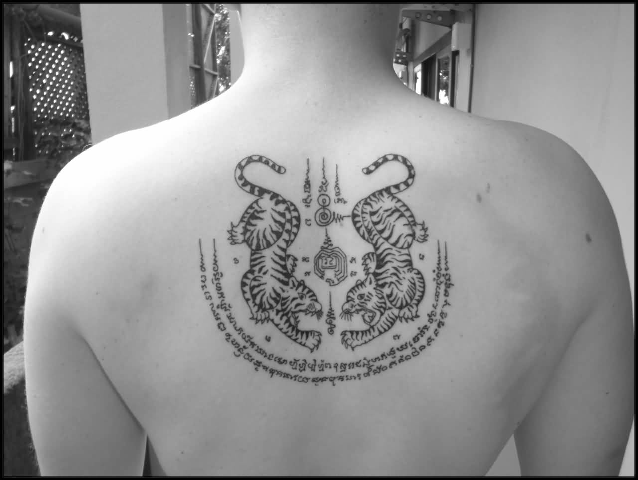 Thai Tigers Symbol Tattoo On Upper Back