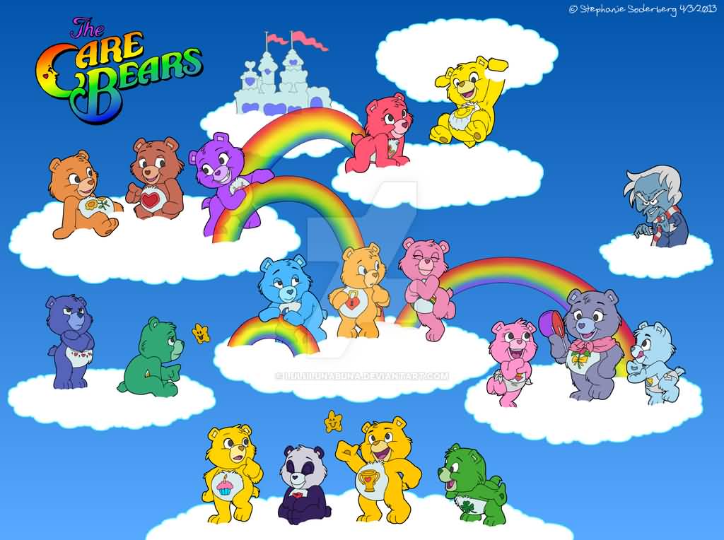 The Care Bears Sitting On Clouds With Rainbows