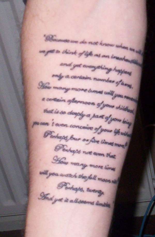 The Sheltering Sky Poem Tattoo On Forearm