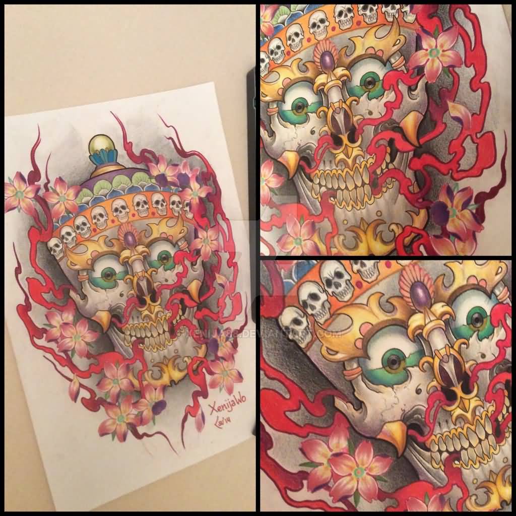 Tibetan Skull And Sakura Tattoo Design