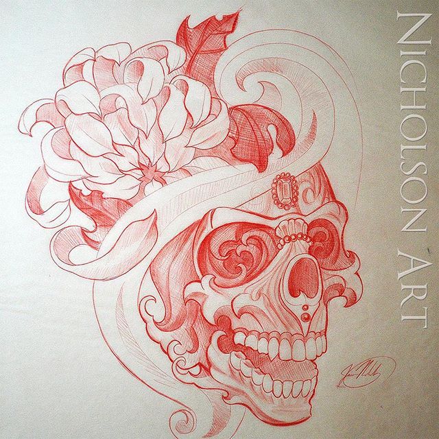 Tibetan Skull With Chrysasnthemum flower Tattoo Design
