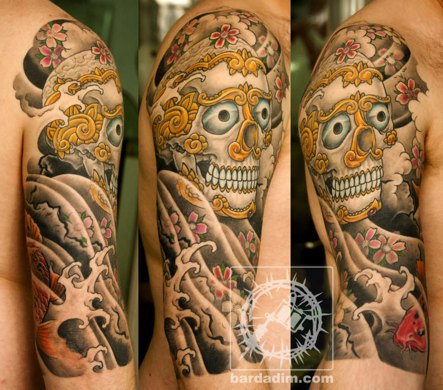 Tibetan Skull With Flowers Tattoo On Right Half Sleeve