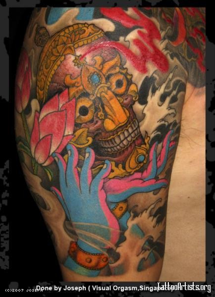 Tibetan Skull With Hands Tattoo On Right Half Sleeve For Men