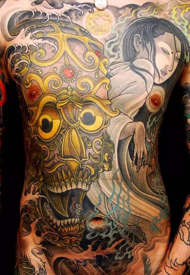 Tibetan Skull With Lady Tattoo On Front Body