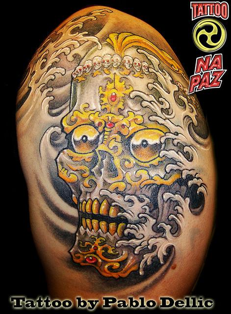 Tibetan Skull With Water Splash Tattoo