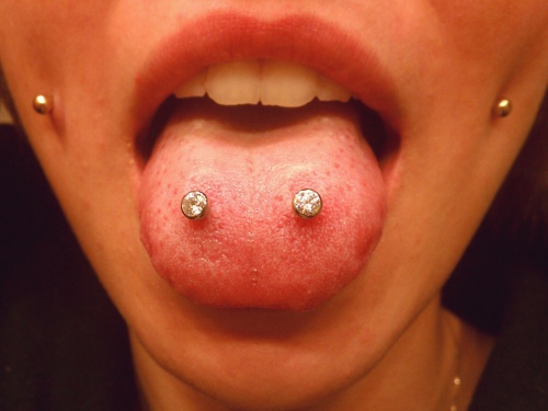 Tongue Surface Piercing With Diamond Studs