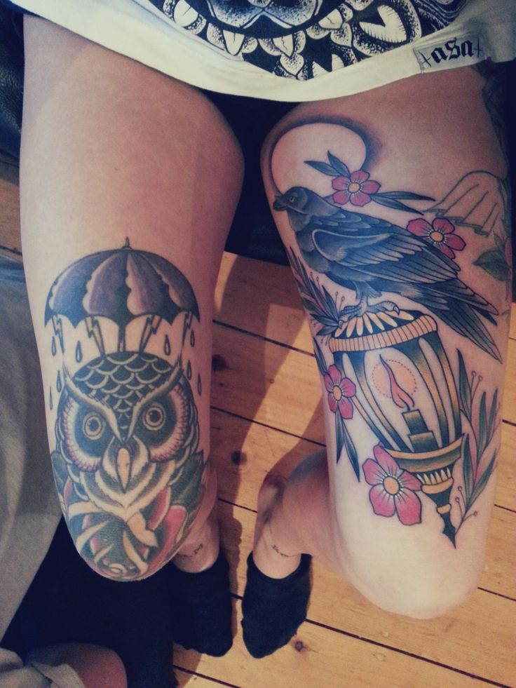 Traditional Crow And Owl With Lantern Tattoo On Both Thighs