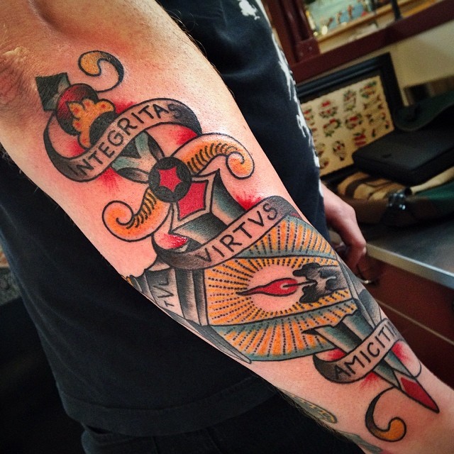 Traditional Dagger And Lantern Tattoo On Arm Sleeve By Nick Rodin