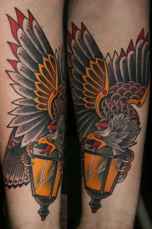 Traditional Eagle With Lantern Tattoo On Arm