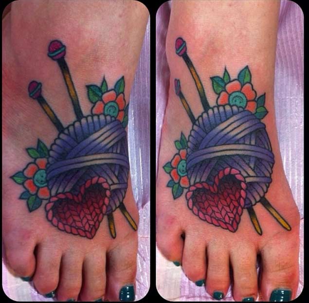 Traditional Knitted Heart And Yarn Tattoo On Foot For Girls