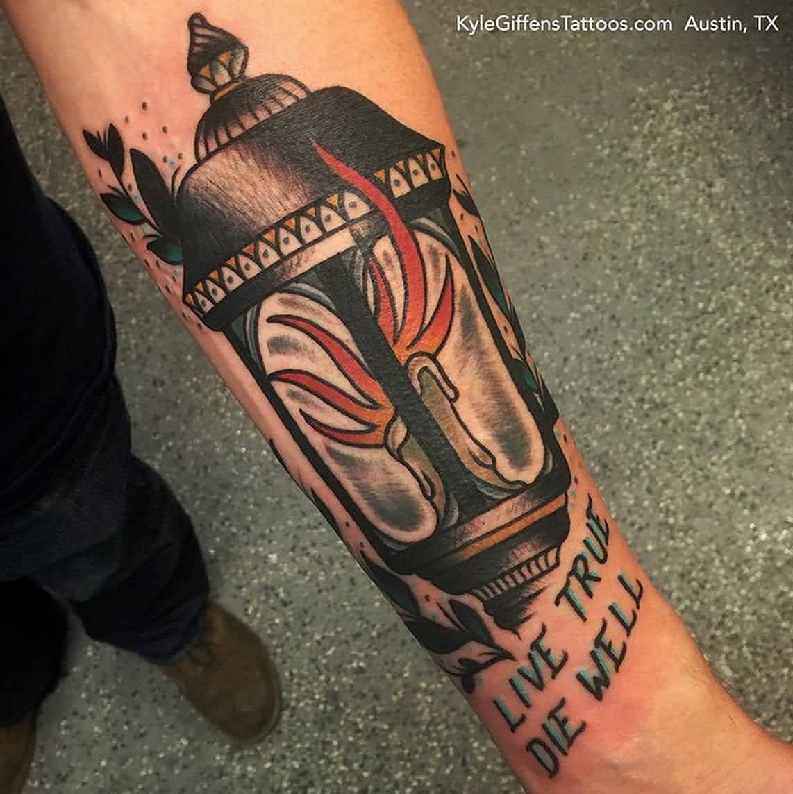 Traditional Lantern With Lettering Tattoo On Forearm By Kyle Giffen